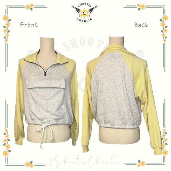 AMERICAN EAGLE Pullover Women's Sz XS Fleece Crop Sweater Yellow/Gray Sweatshirt - Picture 1 of 7